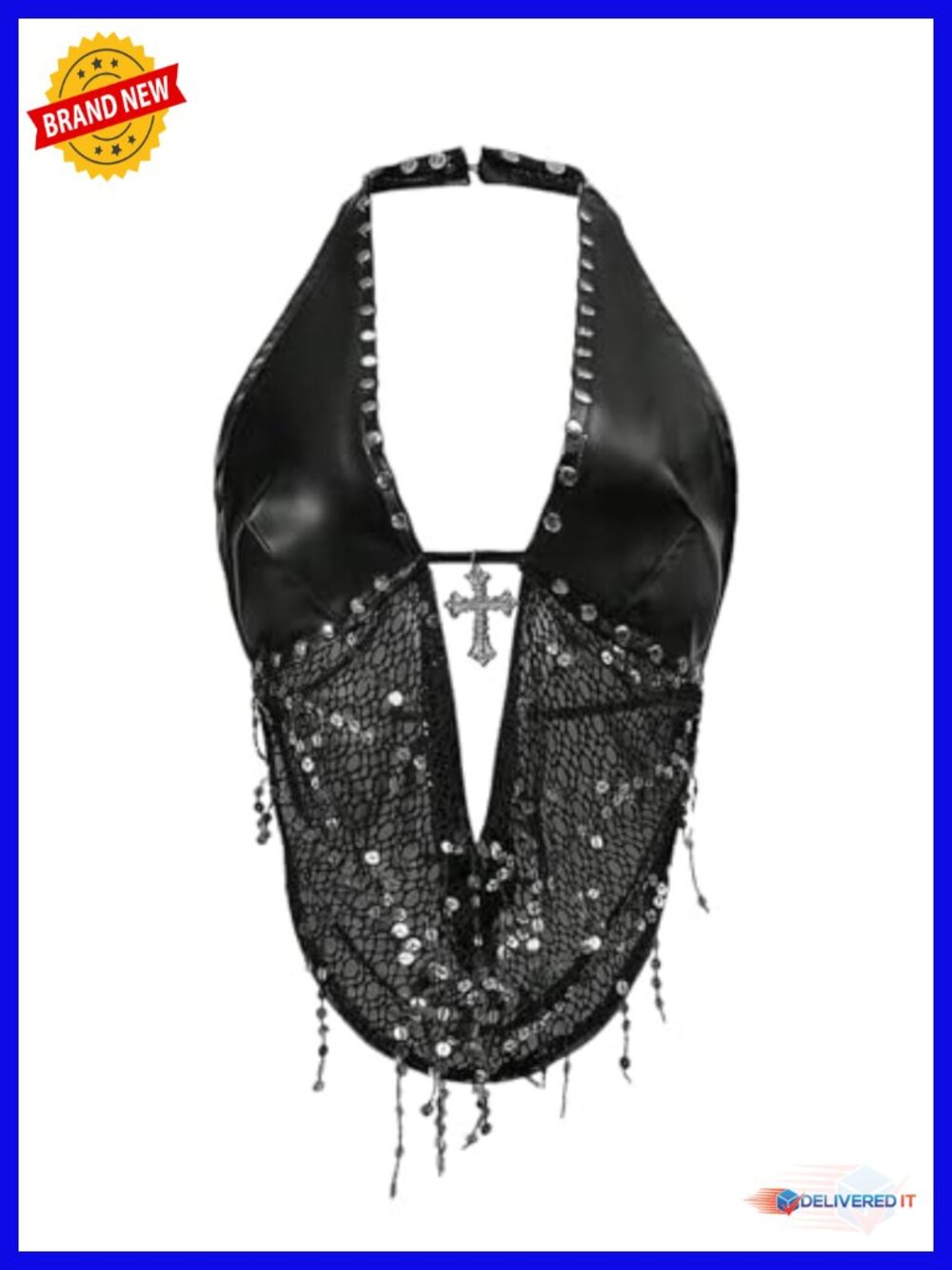 Sequin Studded Halter Top with Tie Back, Stretch Polyester